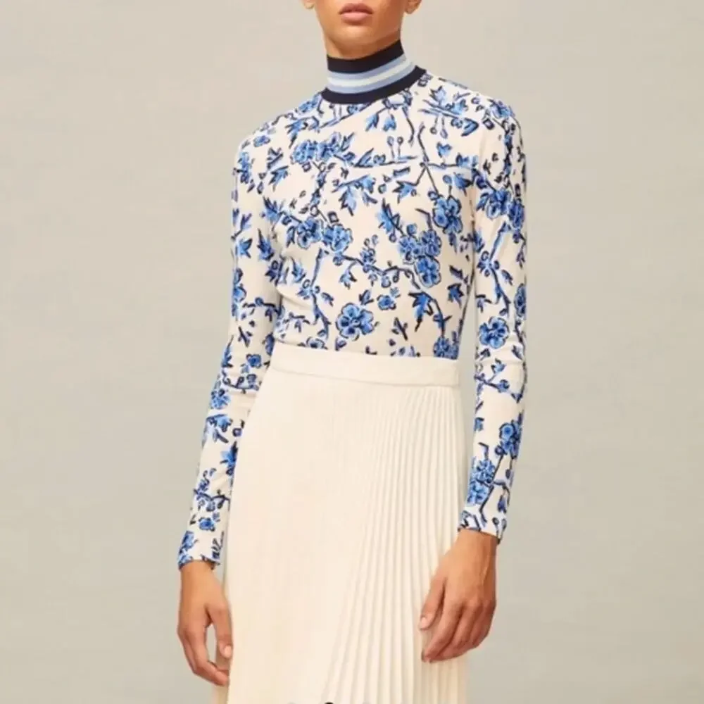 Tory Burch Printed Rib Turtleneck in Blue Branches NWT NEW Size XL